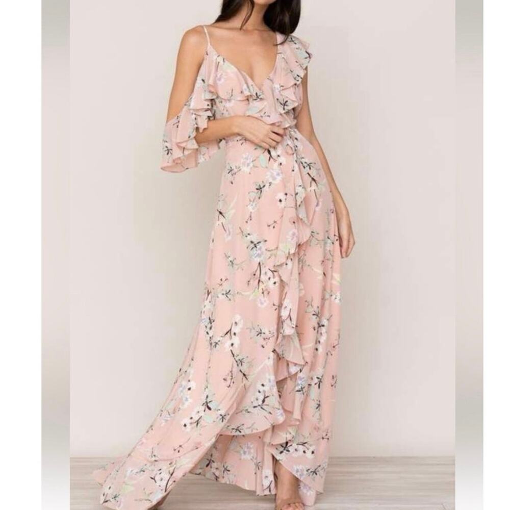 Yumi Kim Butterfly Kiss Pink Floral Silk Ruffle Fairycore Feminine Wrap Dress M
